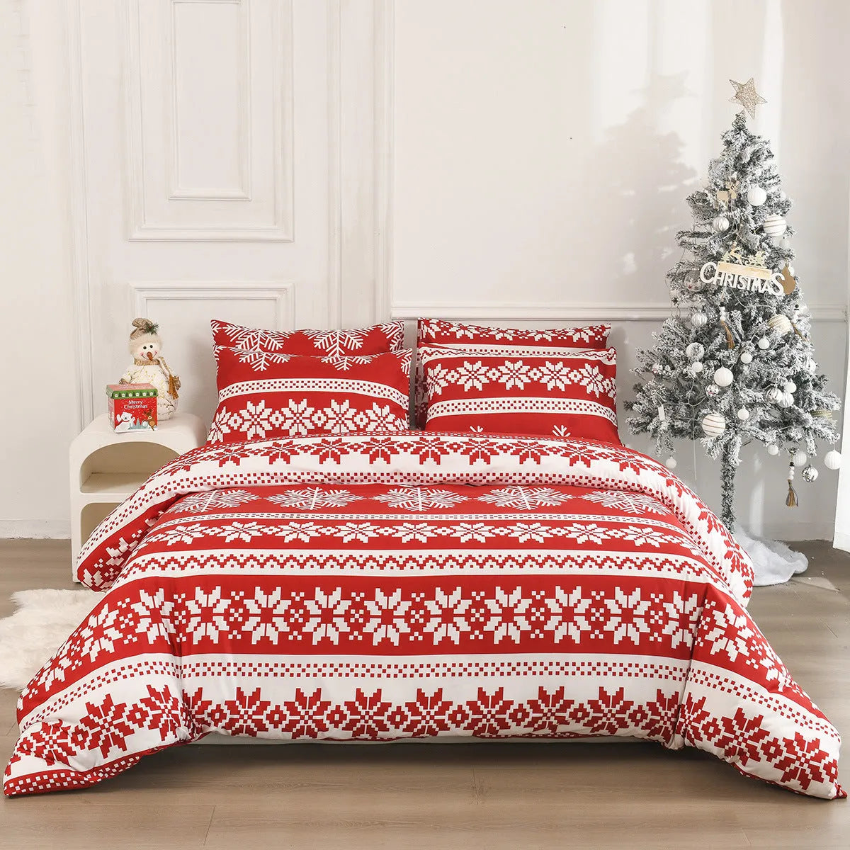 Red Christmas Love Song patterned bed linen three-piece set with quilt cover and pillowcases