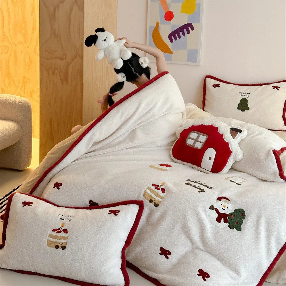 Winter Christmas cartoon bedding four-piece set with snowman design on polyester material