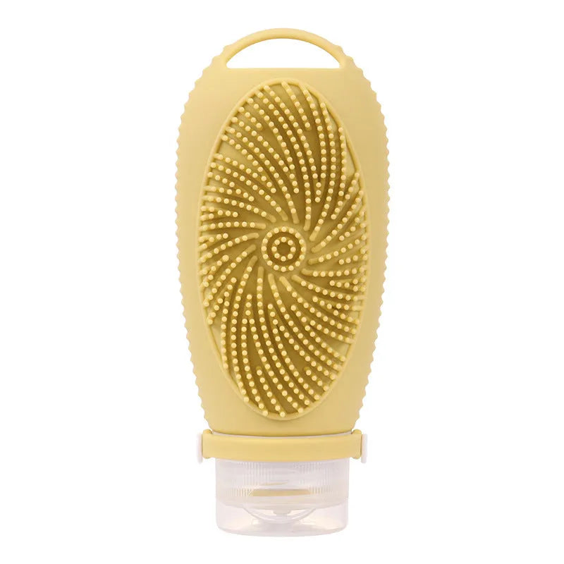 Creative silicone bath brush storage bottle in light grey colour on a bathroom shelf.