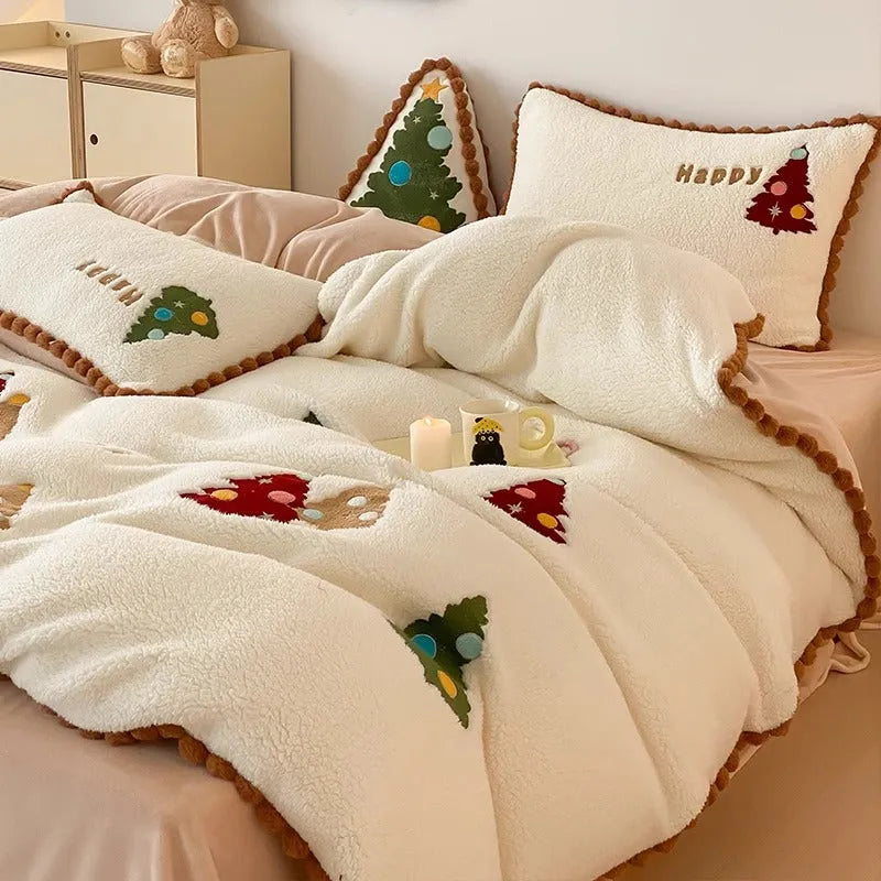 Bright yellow fleece-lined bedding set with cartoon Christmas tree pattern, shown with sheet, quilt cover, and two pillowcases.