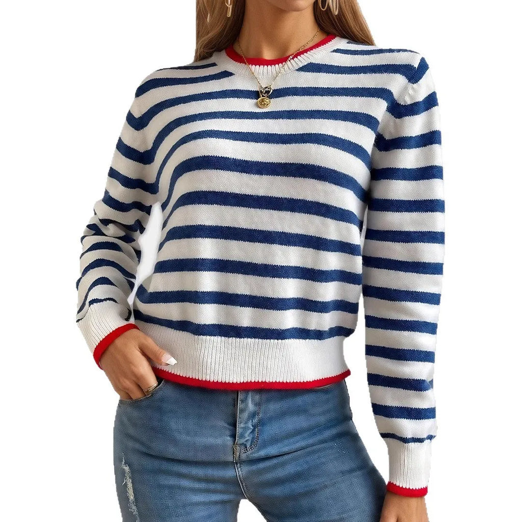 Sapphire Blue striped pullover sweater with contrast colour details and round neck