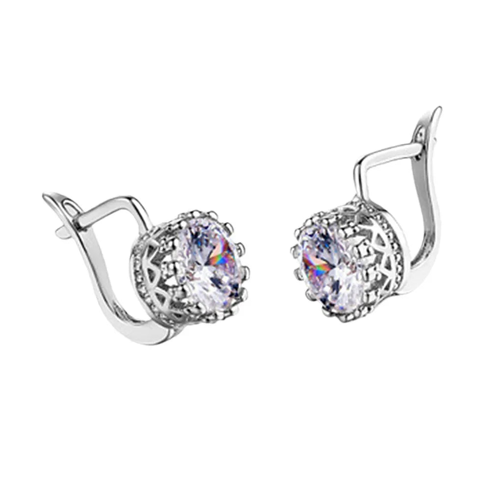 Crown-shaped clip-on earrings with white diamond details in rose gold or white gold colour finish