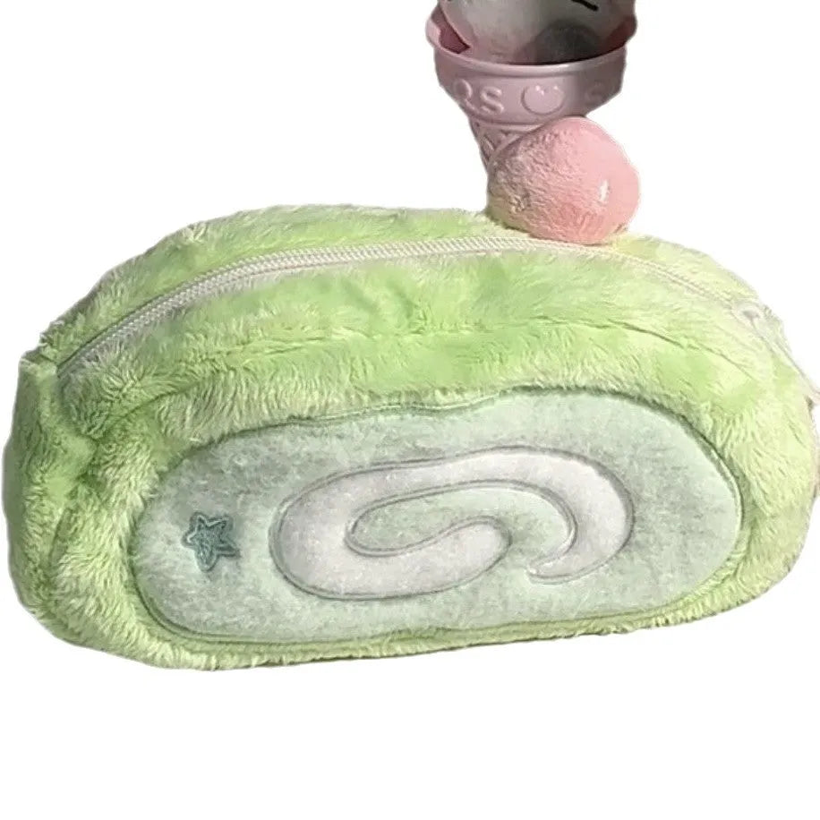 Velvet pencil case in Swiss roll cake design with zip closure for stationery storage