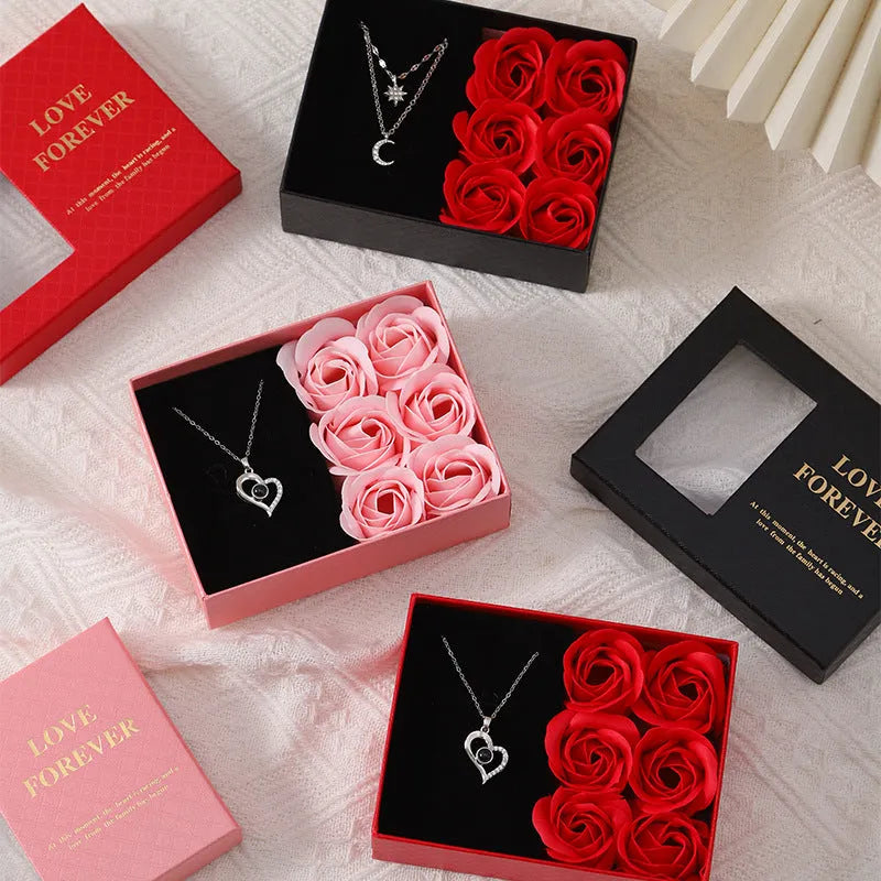 Korean style red soap flower gift set with six artificial roses in a jewellery box.