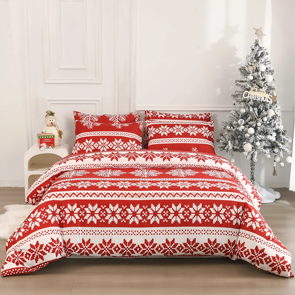 Red Christmas Love Song patterned bed linen three-piece set with quilt cover and pillowcases