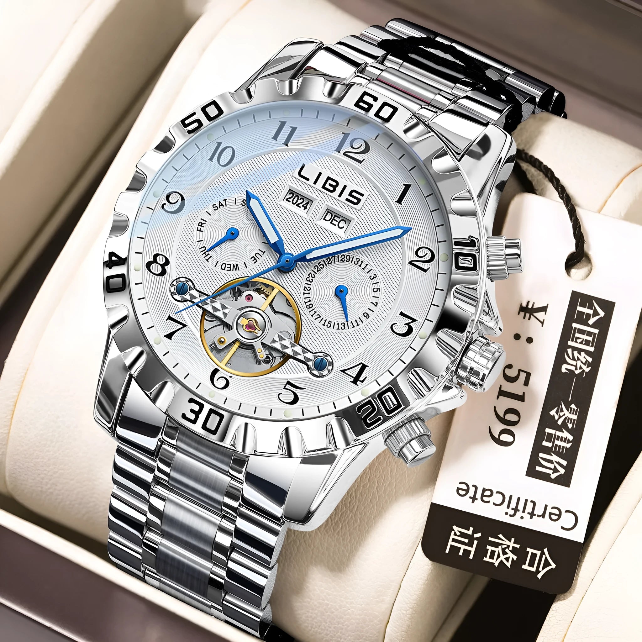 Men's silver automatic perpetual calendar mechanical watch with stainless steel bracelet