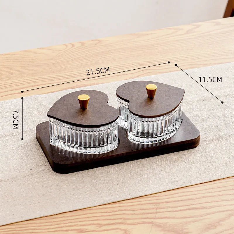 Glass retro serving tray with coloured glaze and heart-shaped transparent lids, available in 2, 3, 4, or 5 grid options.