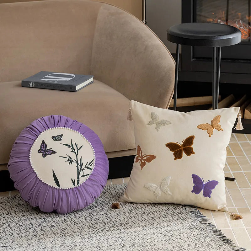 Square beige cushion with detailed Chinese-style butterfly embroidery, 45x45cm.