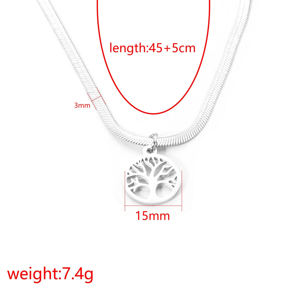 Stainless steel lucky tree pendant necklace on snake bone chain in gold finish