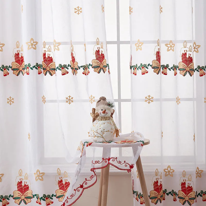 Pair of American Christmas curtains with embroidered snowflake design on polyester fabric
