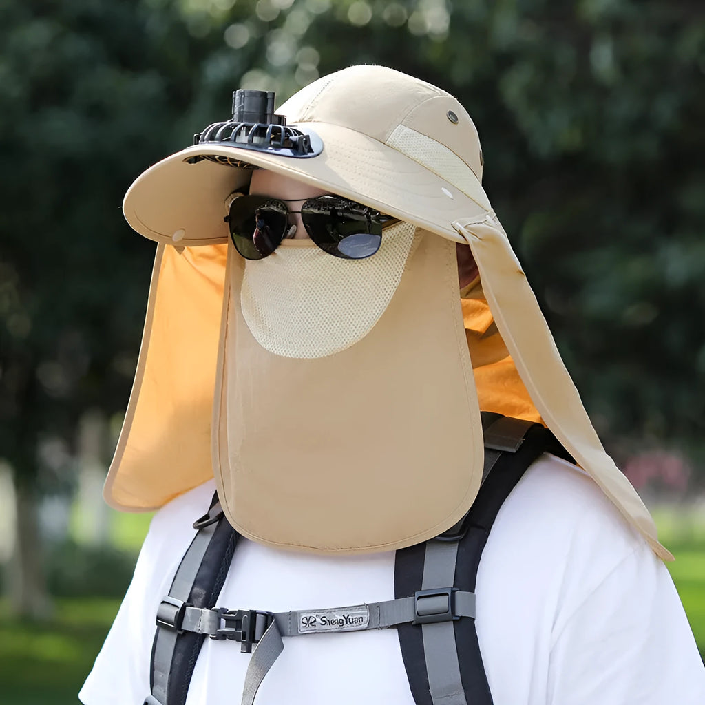 Men's sun protection hat with integrated USB fan and neck covering shawl in khaki colour