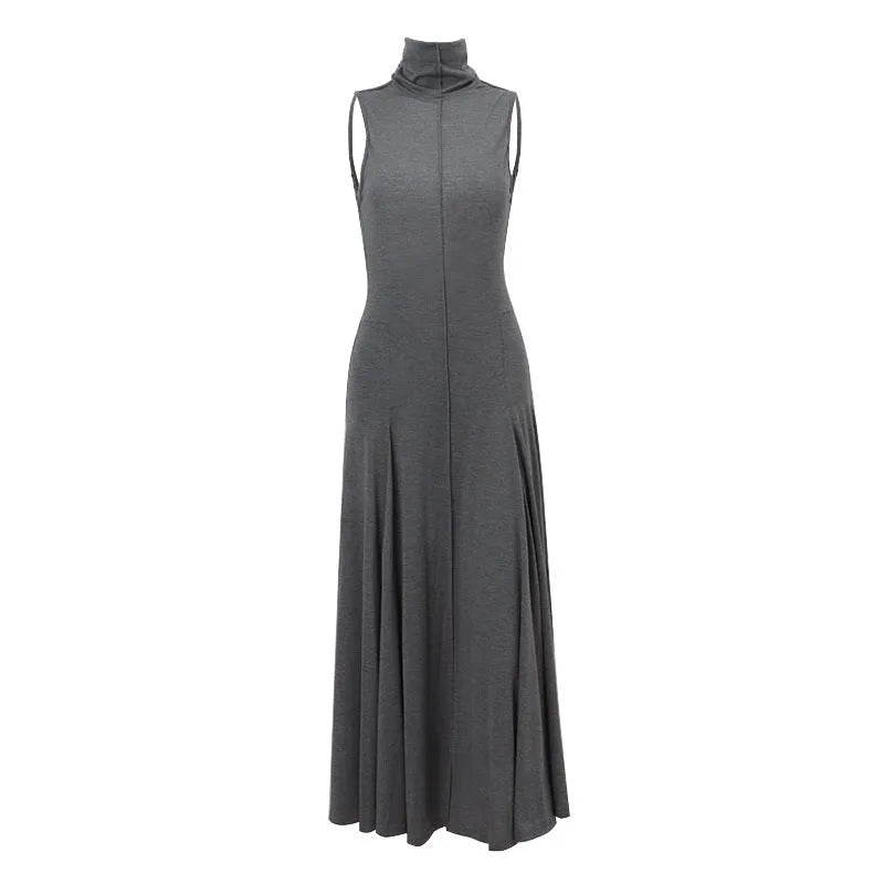 Women's slim-fit half turtleneck backless dress in solid grey cotton fabric