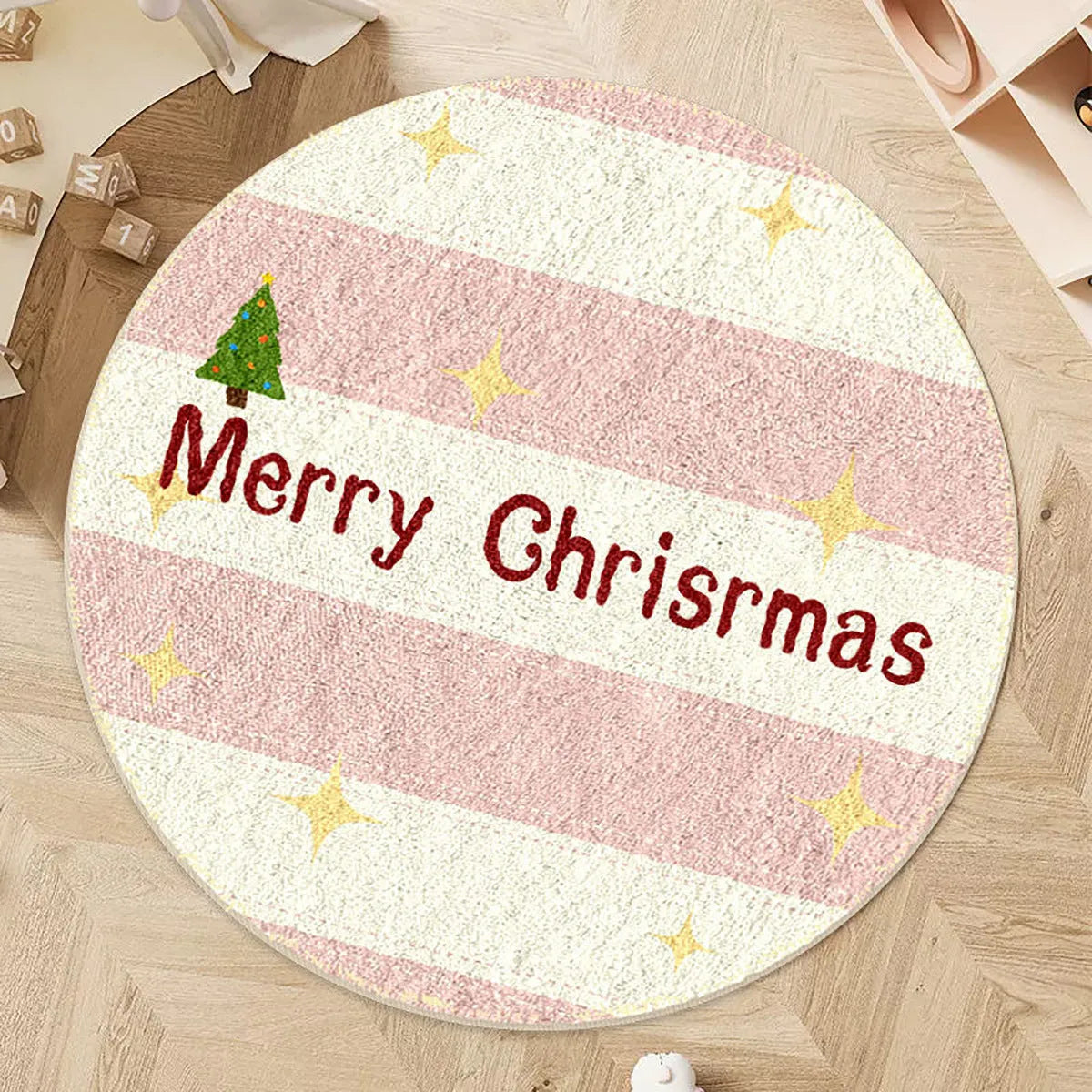 Round alien-shaped Christmas floor mat with festive patterns in imitation cashmere fabric.