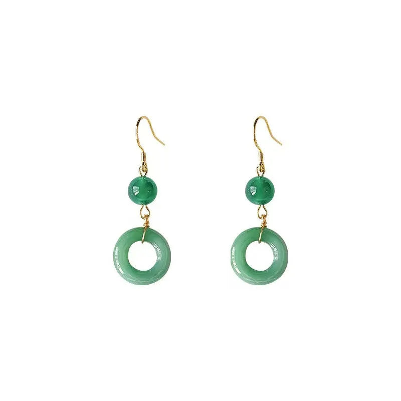 Green Chinese-style geometric peace buckle earrings with zinc alloy construction and gold plating