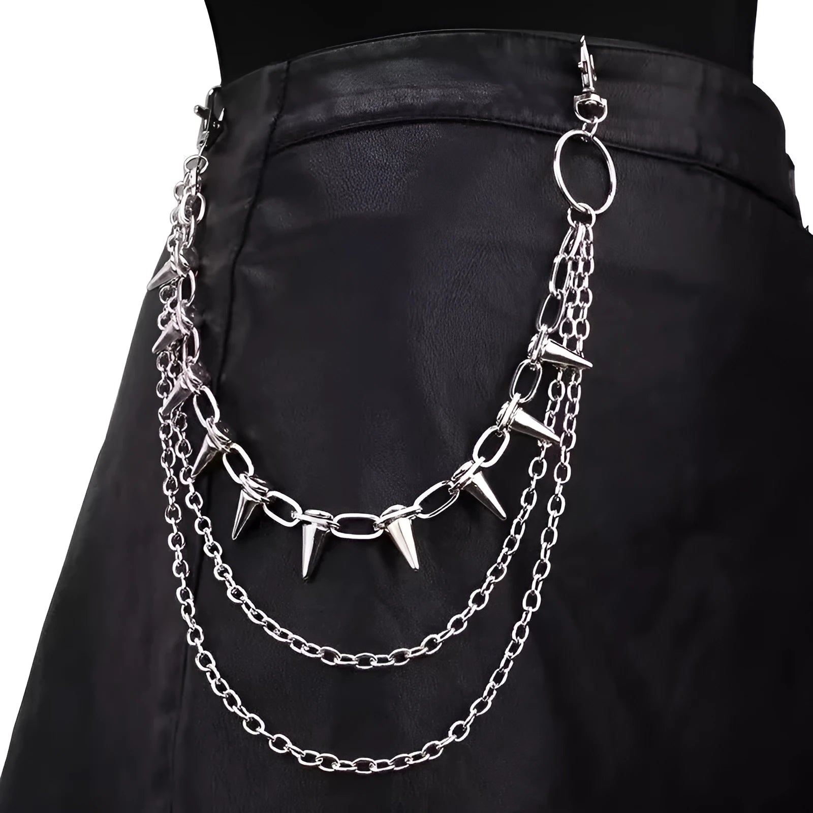 Silver metal pants chain with double-layer design and rivet detailing for punk hip hop fashion