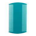 A plastic fine-toothed double-edged flea and lice comb in assorted colours, shown at actual size of 8cm by 7.5cm.
