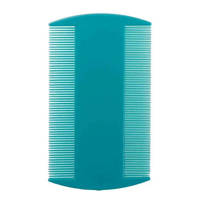 A plastic fine-toothed double-edged flea and lice comb in assorted colours, shown at actual size of 8cm by 7.5cm.