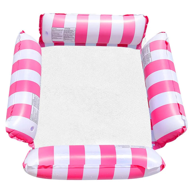 Orange striped inflatable floating deck chair with four tubes and mesh seat on blue water.