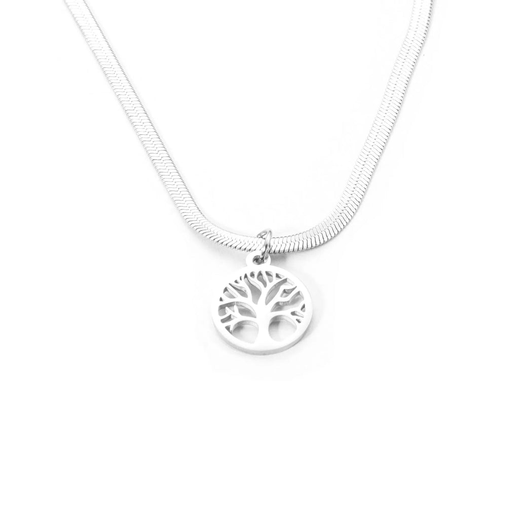 Stainless steel lucky tree pendant necklace on snake bone chain in gold finish