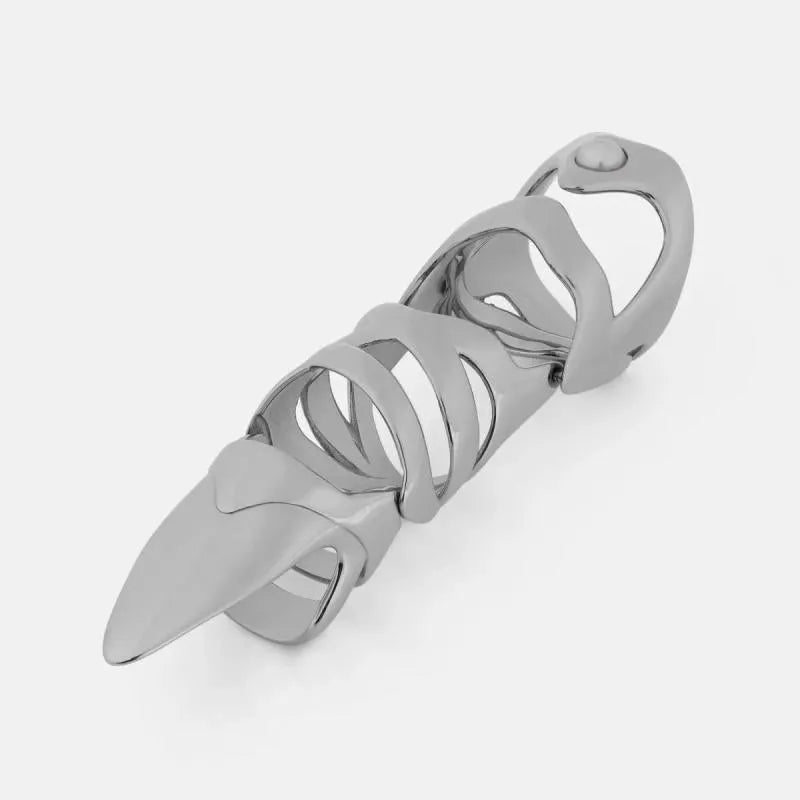 Silver-coloured alloy punk armour finger stall ring on a black background.