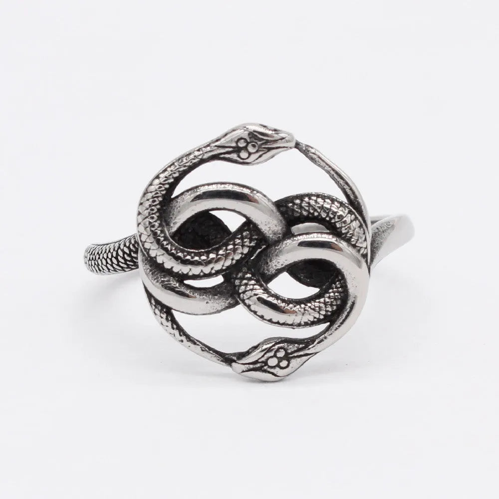 Detailed view of a titanium steel retro double snake ring in steel colour on a finger