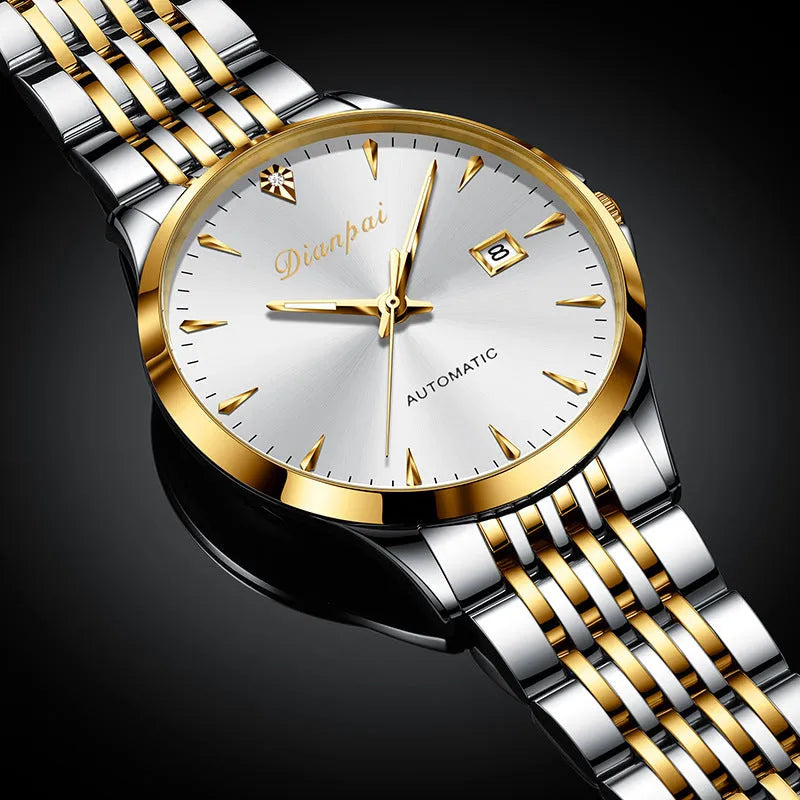 Men's automatic mechanical watch with stainless steel strap and simple dial, shown in golden black finish.