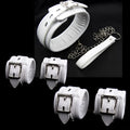 White PU sponge bondage set showing handcuffs, foot cuffs, and a neck scarf arranged together.