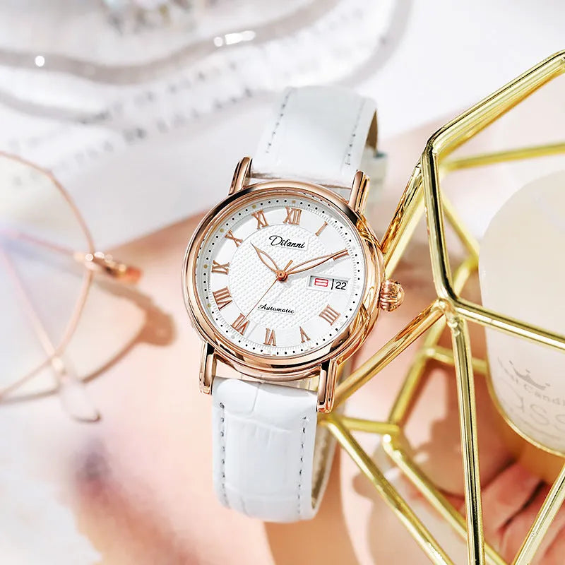 Automatic women's mechanical fashion watch with a 12mm thick case on a steel bracelet.