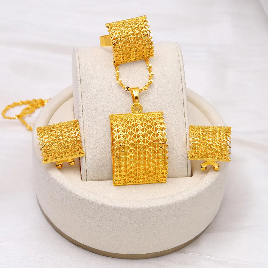 Golden bridal jewellery set with copper necklace, earrings, and ring wedding accessories