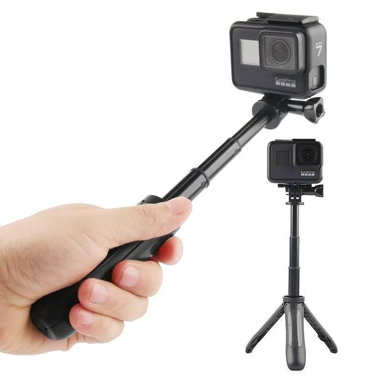 Multifunctional telescopic selfie stick tripod in silver gray with mobile phone holder, collapsed to 12cm
