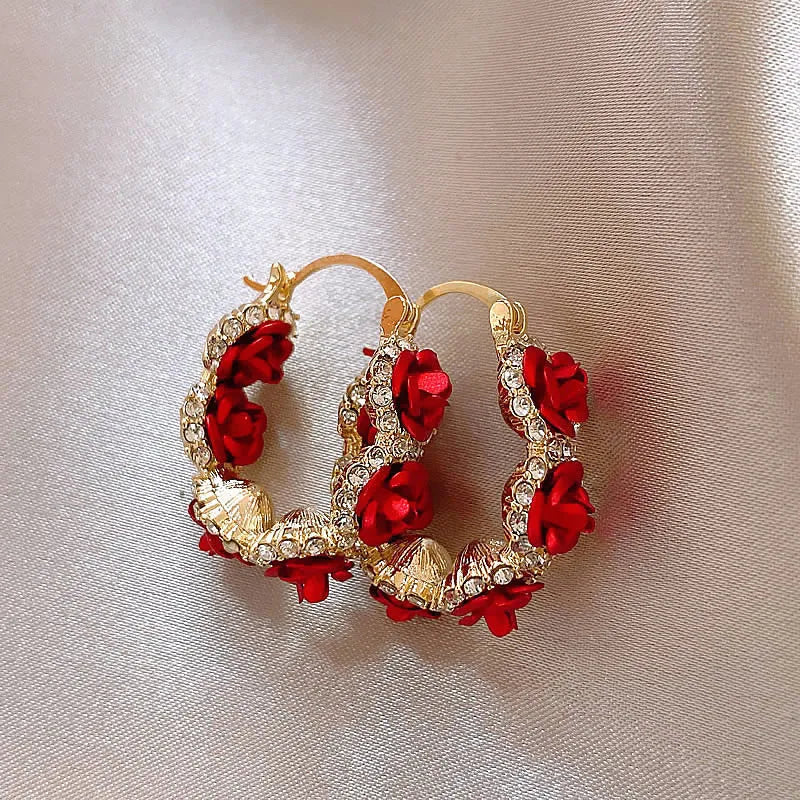 Red alloy flower ear clip with rose element design for women