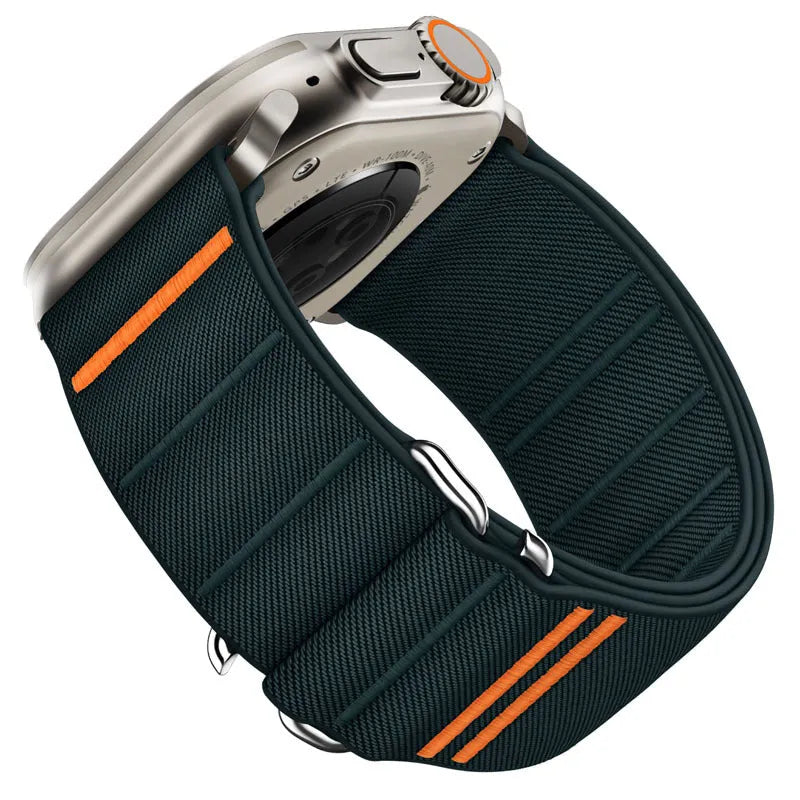Elastic nylon sports watchband with stainless steel buckle for Apple Watch, shown in multiple colour options.