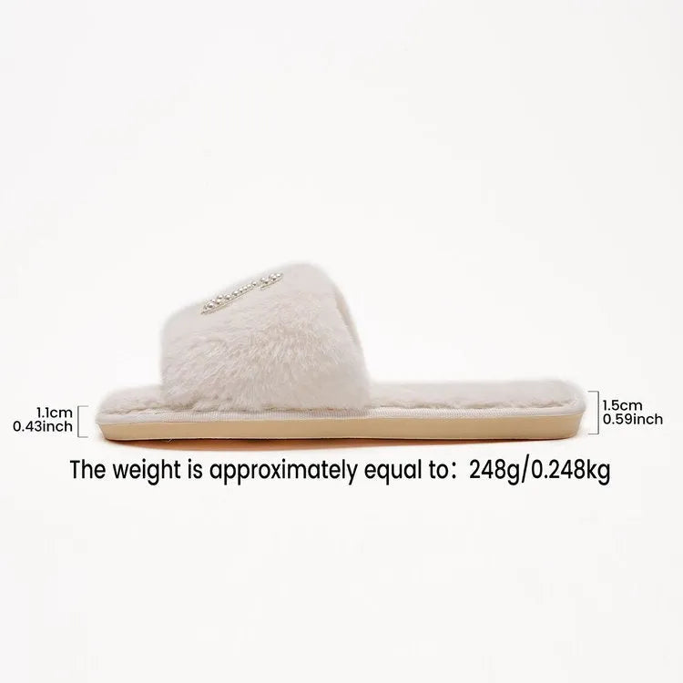 Women's solid colour open toe indoor slippers with suede upper and beaded detail in white