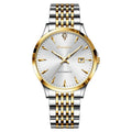 Men's automatic mechanical watch with stainless steel strap and simple dial, shown in golden black finish.