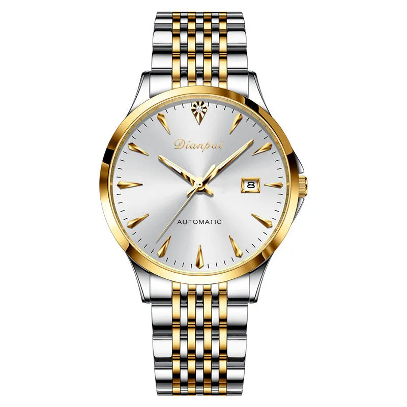Men's automatic mechanical watch with stainless steel strap and simple dial, shown in golden black finish.