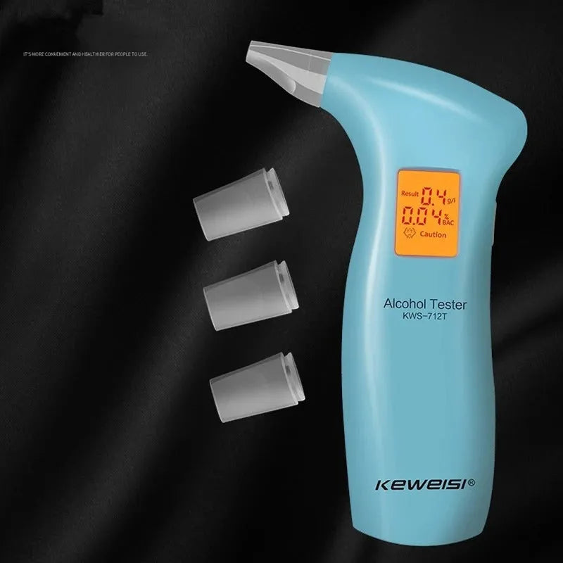 Portable orange light breath alcohol tester with four replaceable mouthpieces and user manual.