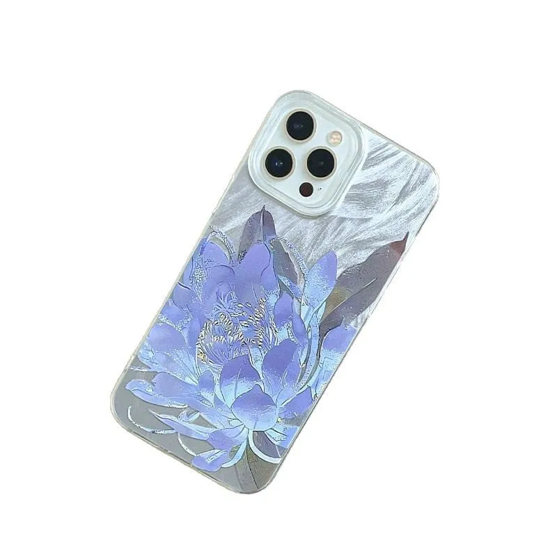 Blue Lotus design hard PC phone case for iPhone with included silicone component, shown in one of four colour variants.