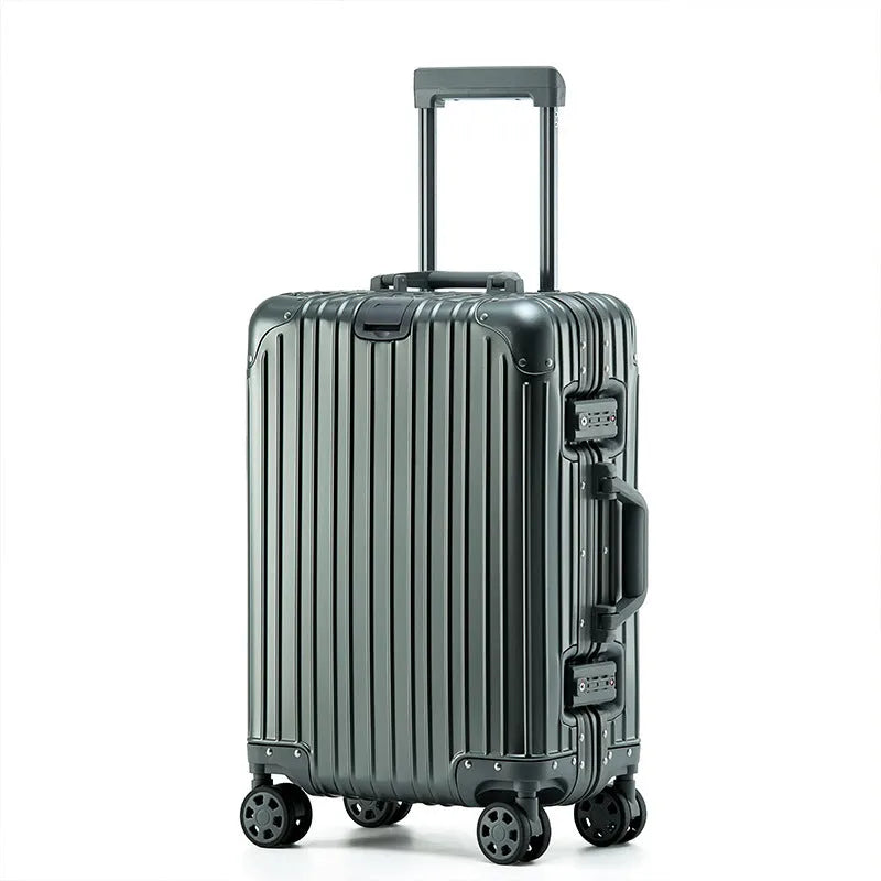 Alloy trolley case luggage with metal frame, universal wheels, solid colour, available in multiple sizes