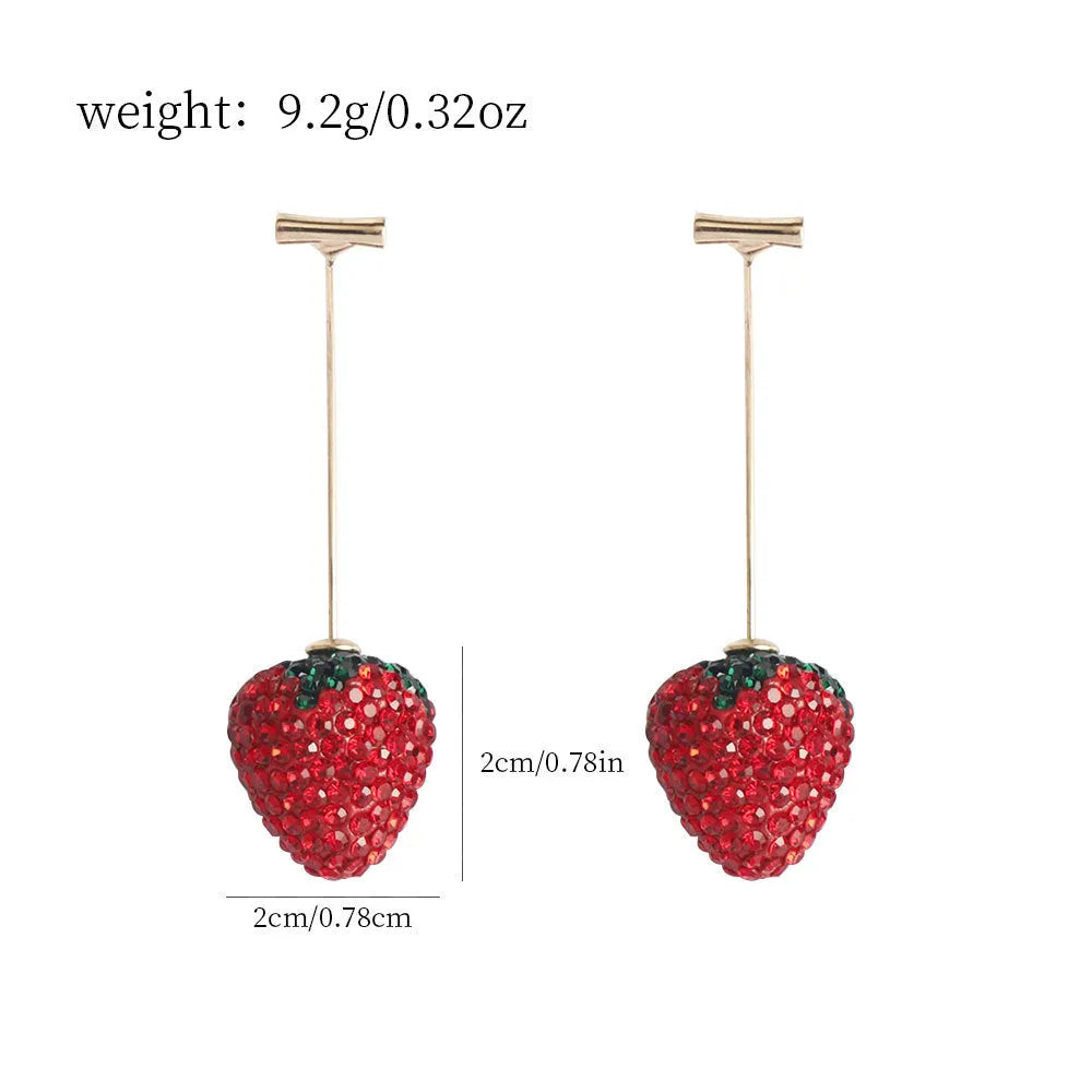 Geometric zinc alloy strawberry earrings for women in red with spot drill detail.