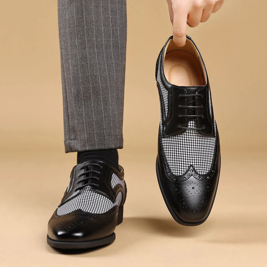Men's black houndstooth plaid casual leather shoes with square toe and lace-up design