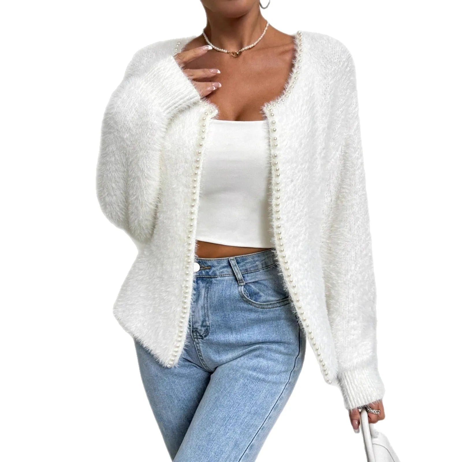 Women's white V-neck cardigan with open front design and polyester knitted fabric