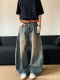 Men's retro blue jeans with distressed machete detailing and slimming wide-leg cut on mid waist design
