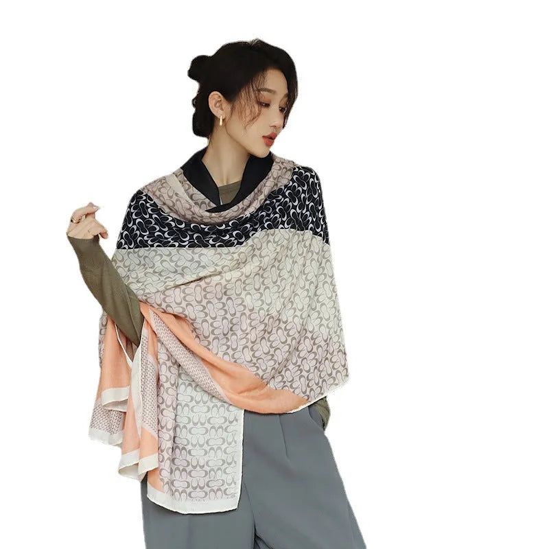 Women's polyester printed scarf in mid-length 180cm by 90cm dimensions for autumn wear