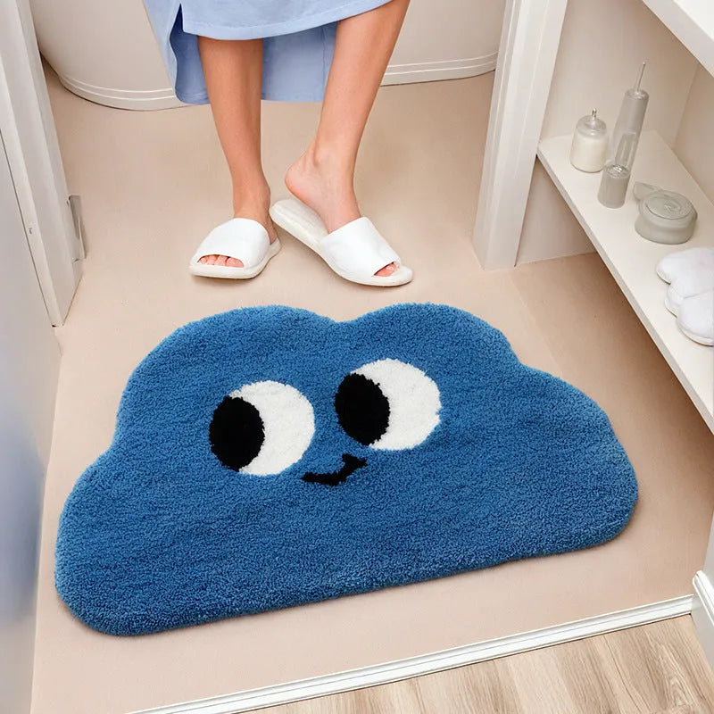 Cartoon cloud pattern bathroom floor mat in green, blue, pink, black, or white.