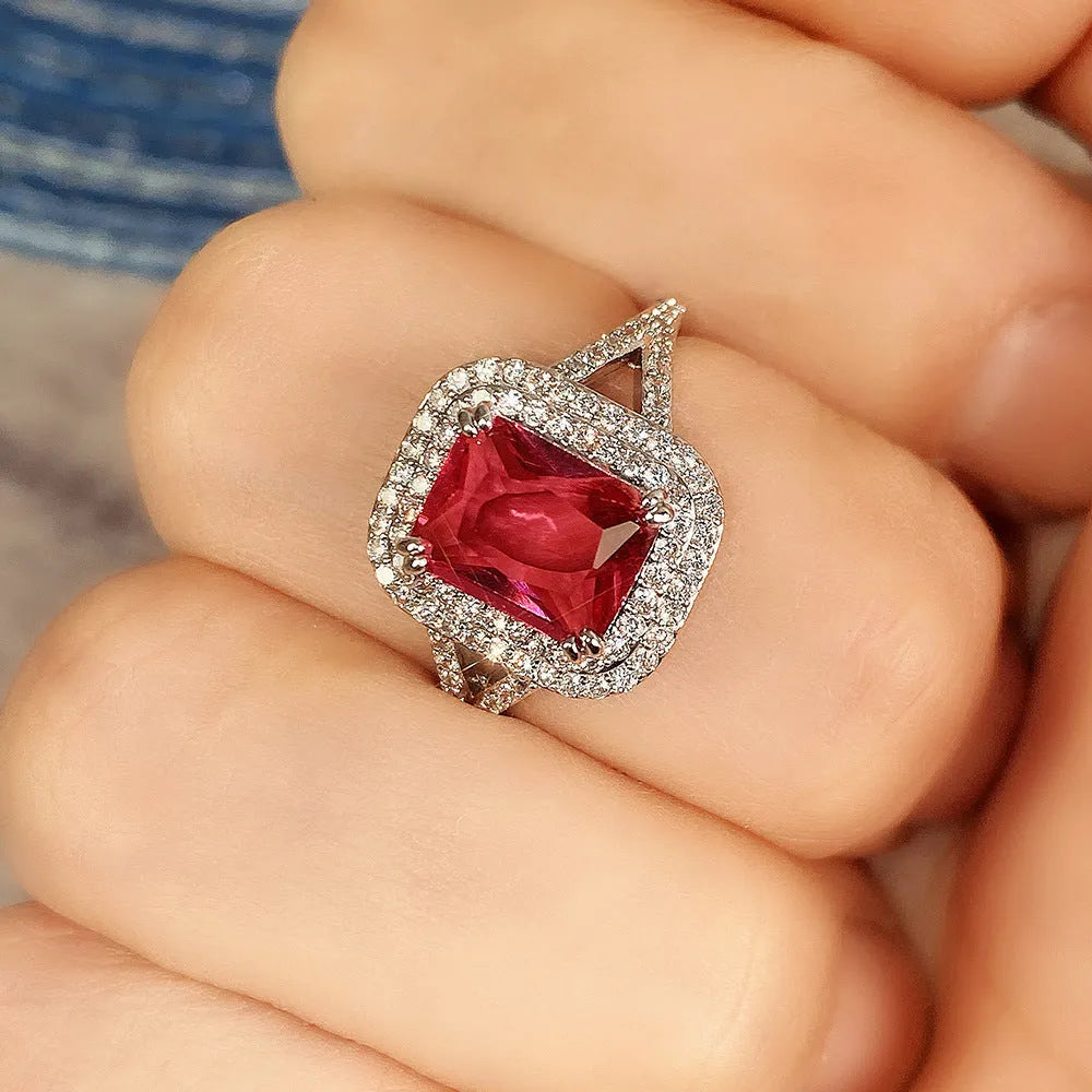 Copper square geometric women's ring with a central rhinestone in red colour