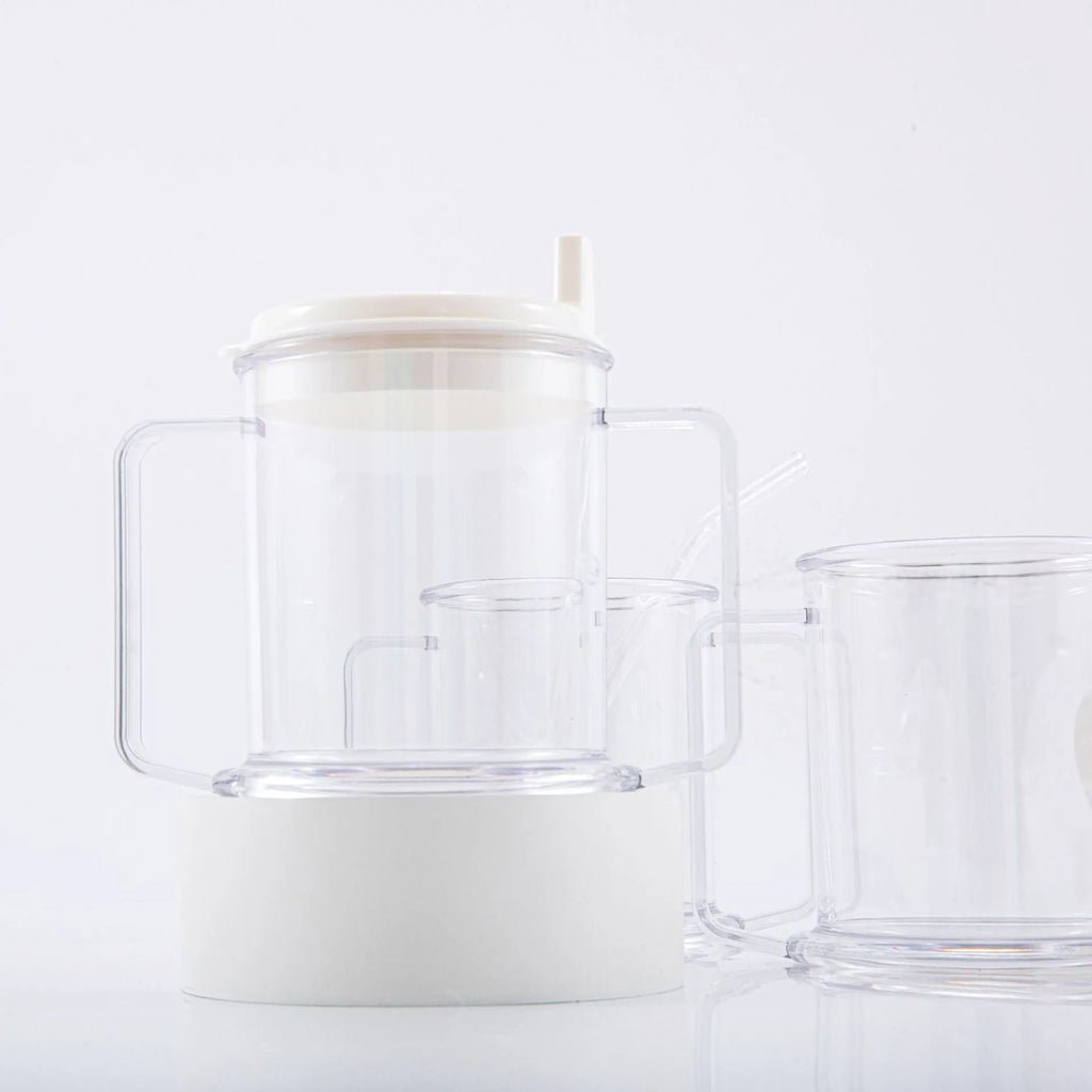 Transparent spill-proof drinking cup showing PP construction with modern simplicity design