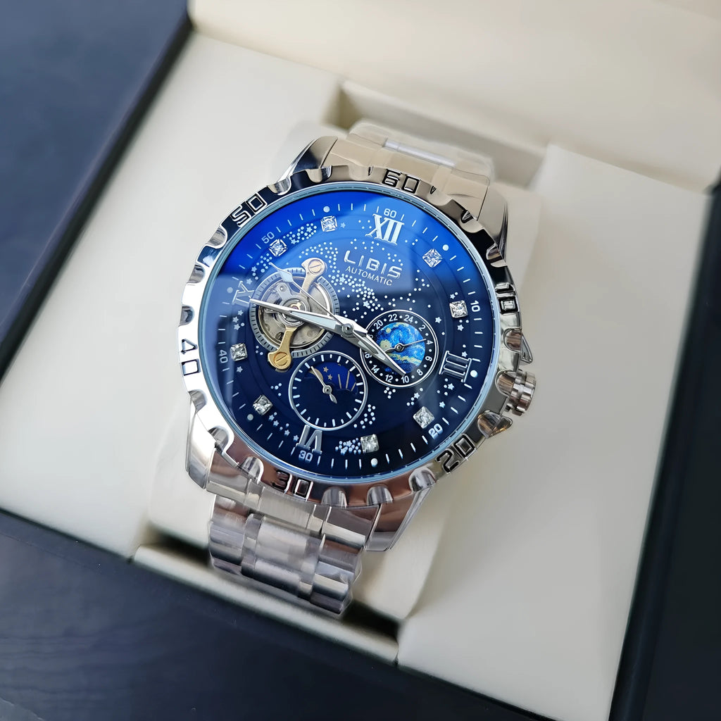Silver men's automatic watch with black steel belt and luminous starry dial.