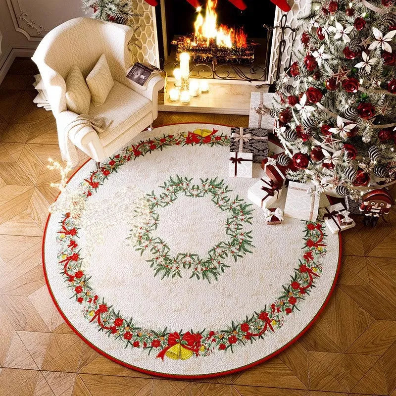 Round red Christmas carpet with festive design and non-slip backing on hardwood floor