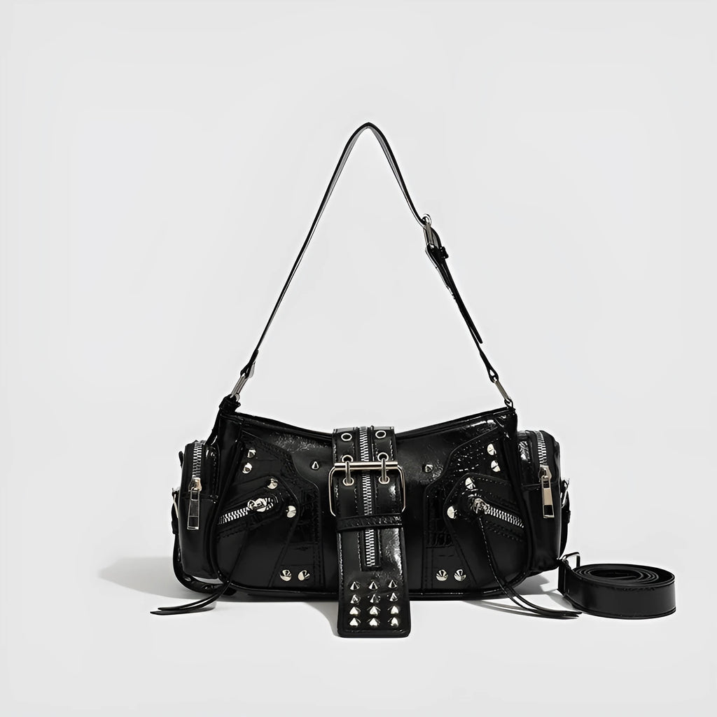 Black dumpling shaped retro shoulder handbag with oil wax PU leather and organisational compartments