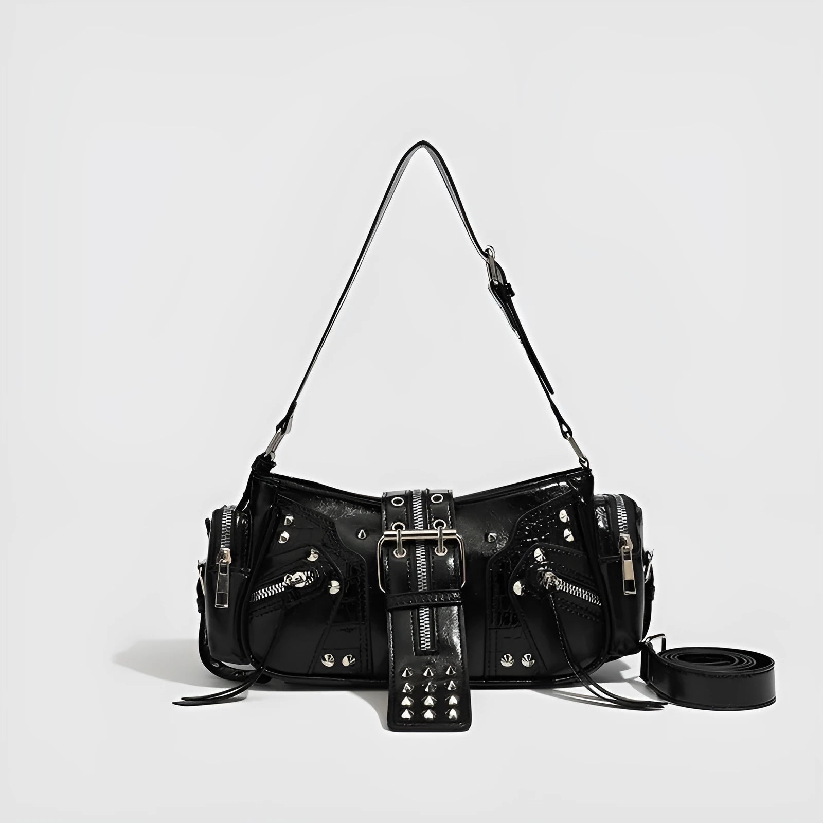 Black dumpling shaped retro shoulder handbag with oil wax PU leather and organisational compartments